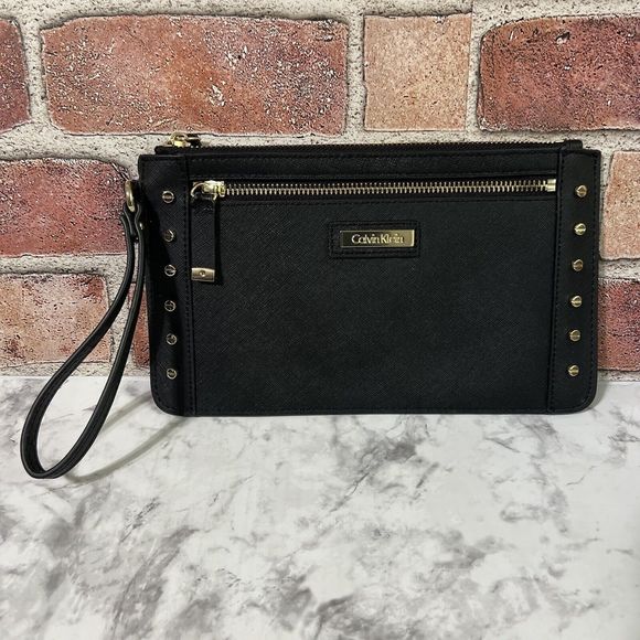 Calvin Klein Leather Studded Clutch Wristlet Handbag Black Gold Lined H3GG11WA - Picture 13 of 17